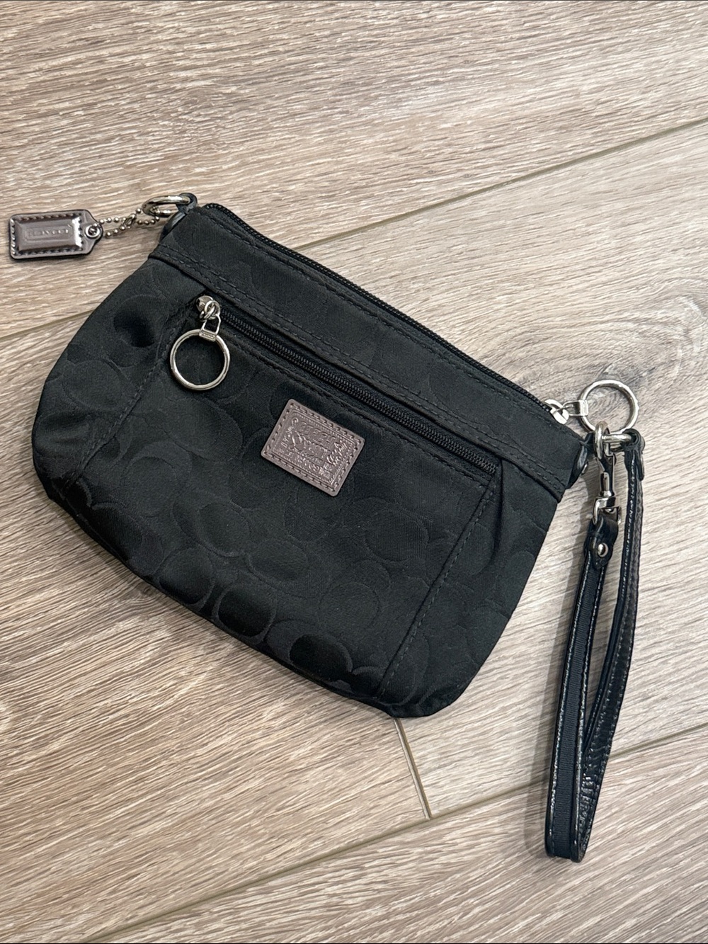Coach Black Poppy Signature Wristlet with Silver Hardware